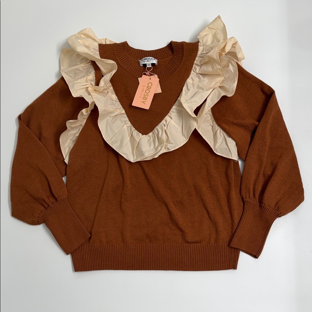 CROSBY by Mollie Burch Brown Sweater‎ with Cream Ruffles Cotton Trim XS